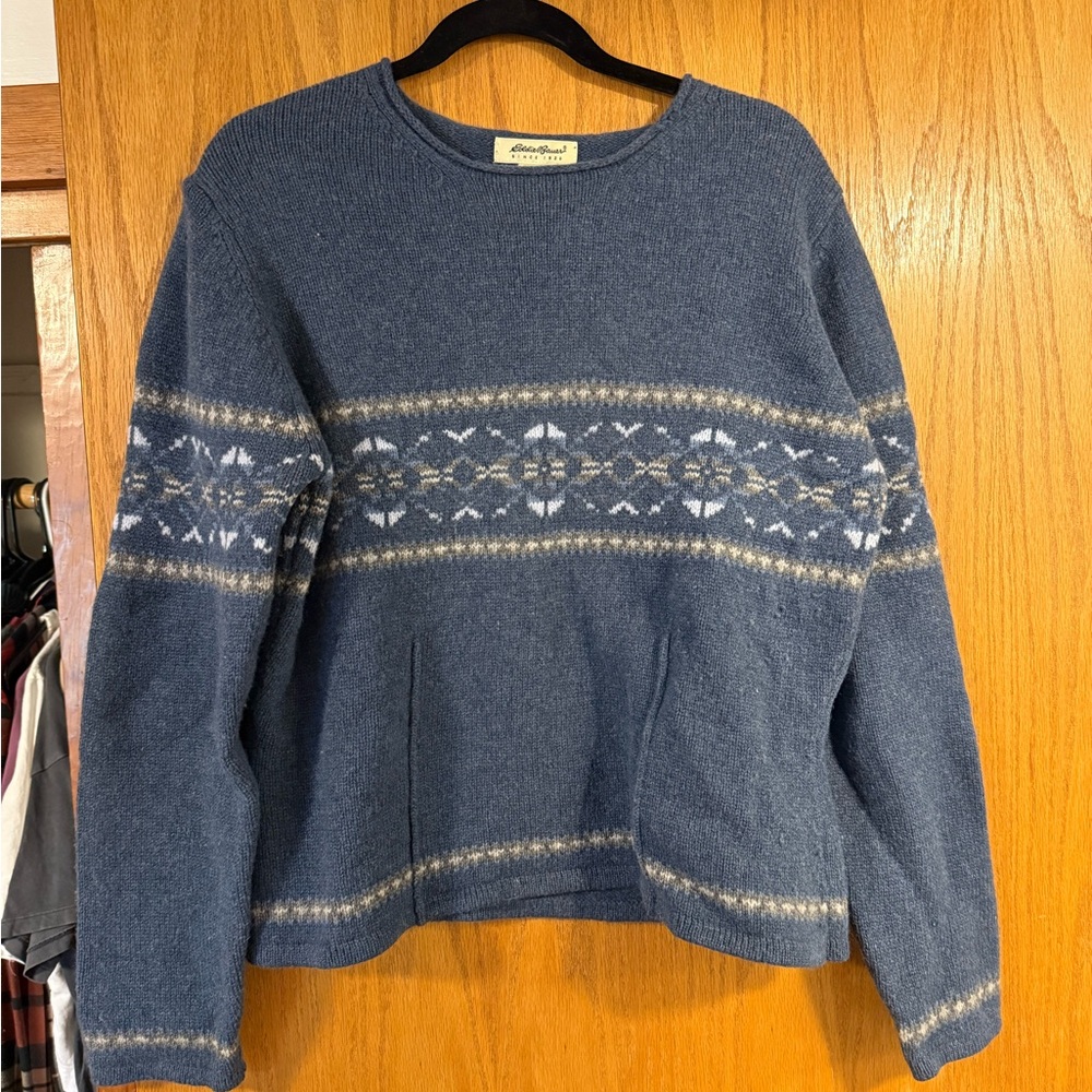 Vintage Eddie Bauer Blue and White Crew Neck Sweater with Nordic Pattern